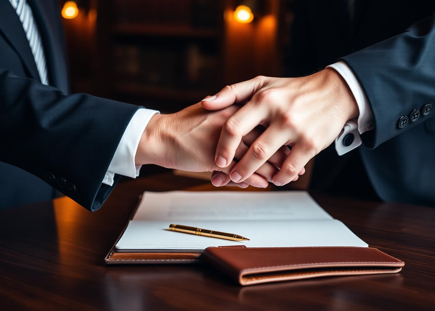 Two professionals shaking hands over a contract